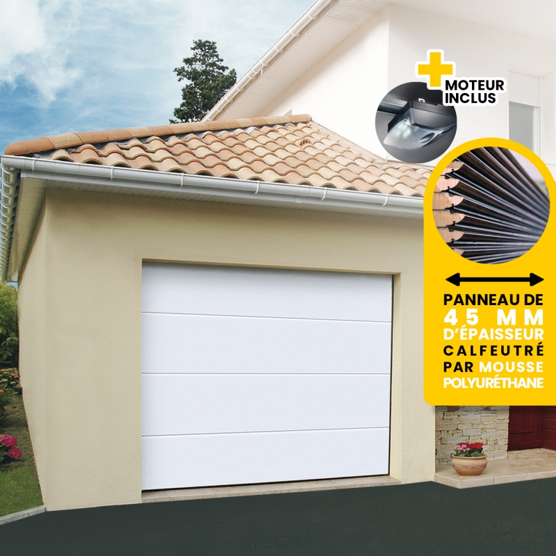 Porte garage sectionnelle moto PREMIUM rainures L H.200 x l.240 blanc 9016  lisse